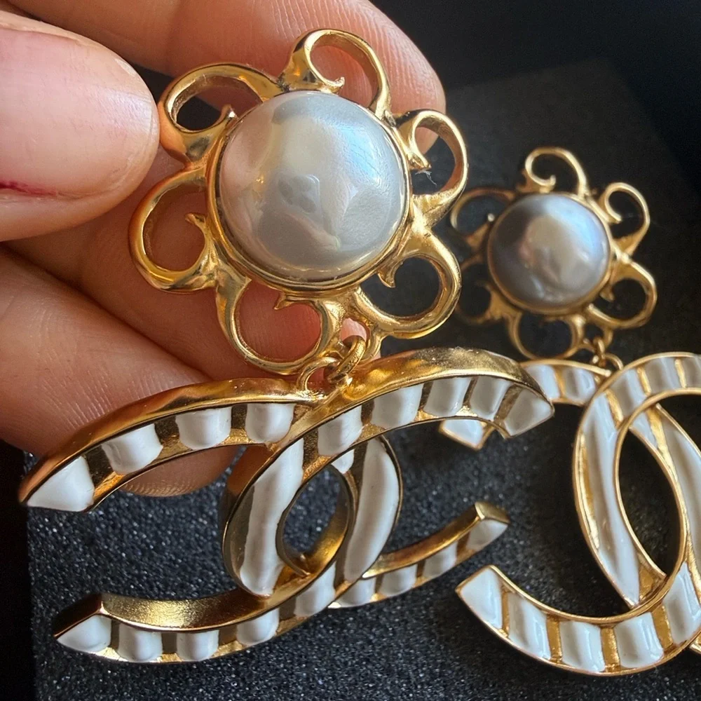 Chanel Authentic Gold and White Metal & Glass Pearl Earrings NEW
